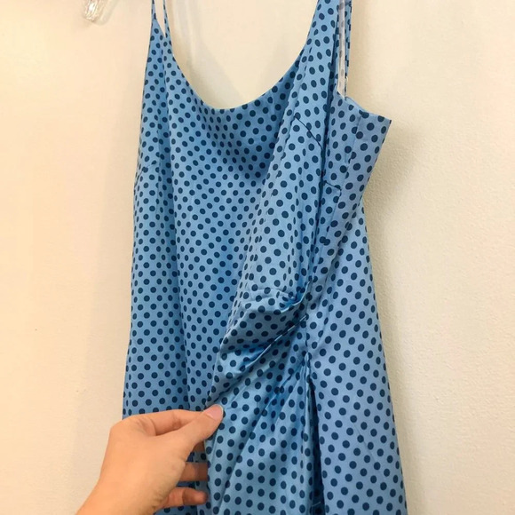 NEW The Westside 100% Silk Polka Dot Blue Silk Wrap Spaghetti Strap Midi Dress M - Picture 3 of 10